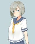  1girl blue_background blue_eyes breasts grey_hair hair_ornament hair_over_one_eye hairclip hamakaze_(kantai_collection) kantai_collection looking_at_viewer medium_breasts pleated_skirt school_uniform serafuku short_hair simple_background skirt solo standing tsurugi_muda white_background 