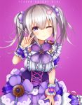  1girl candy_hair_ornament checkerboard_cookie closed_mouth cookie copyright_name cowboy_shot doughnut dress flower_knight_girl food food_themed_hair_ornament frills grey_hair hair_ornament heart_hair_ornament iberis_(flower_knight_girl) looking_at_viewer one_eye_closed purple purple_background short_hair simple_background smile solo suzume_(simple0091) twintails v violet_eyes wrist_cuffs 
