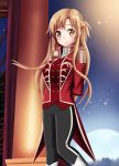  1girl arms_behind_back asuna_(sao) brown_eyes brown_hair formal_clothes garden long_hair moon night palace pillar red_jacket sincity2100 smile solo star stars sword_art_online yuuki_asuna 