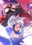  2girls absurdres akagi_(azur_lane) animal_ears azur_lane blue_eyes blurry breasts brown_hair cleavage depth_of_field fox_ears fox_mask fox_tail gloves grin highres kaga_(azur_lane) large_breasts long_hair looking_at_viewer looking_back mask multiple_girls multiple_tails outstretched_hand red_eyes silver_hair skirt smile tail takatun223 