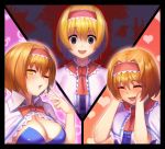  3girls alice_margatroid black_eyes blonde_hair blush breasts brown_eyes brown_hair cleavage closed_eyes cookie_(touhou) eyebrows_visible_through_hair facing_viewer hairband heart highres hinase_(cookie) large_breasts looking_at_viewer multiple_girls one_eye_closed open_mouth short_hair smile tarmo touhou 