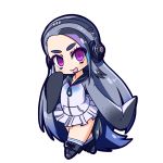  1girl :d black_hair blue_hair blush chibi full_body giant_penguin_(kemono_friends) headphones jacket kemono_friends long_hair looking_at_viewer multicolored_hair nanarokushiki no_nose open_mouth silver_hair simple_background skirt smile solo thick_eyebrows very_long_hair violet_eyes white_background 