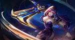  1girl bracer breasts chakram cleavage earrings highres jewelry large_breasts league_of_legends liuzexiong purple_hair sivir star starry_background tagme violet_eyes weapon 