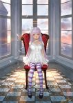  1girl ariverkao bow breasts brown_eyes choker collarbone dress feathers hair_bow indoors large_breasts long_hair looking_at_viewer original pointy_ears silver_hair sitting solo striped striped_legwear thigh-highs white_dress window 