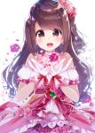  1girl :d bangs bare_shoulders brown_eyes brown_hair chikuwa. commentary_request cover cover_page dress flower gloves hair_flower hair_ornament idolmaster idolmaster_cinderella_girls idolmaster_cinderella_girls_starlight_stage long_hair looking_at_viewer off-shoulder_dress off_shoulder one_side_up open_mouth pink_dress pink_gloves rose shimamura_uzuki simple_background smile solo swept_bangs upper_body white_background 