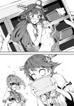  2koma 3girls ahoge aoba_(kantai_collection) bacius bangs bare_shoulders basket blush breasts camera closed_mouth collarbone comic commentary constricted_pupils covering detached_sleeves double_bun eyebrows_visible_through_hair fingernails flipped_hair greyscale hair_between_eyes hair_ornament hair_scrunchie hairband headgear hiei_(kantai_collection) highres holding_photo japanese_clothes kantai_collection kongou_(kantai_collection) long_hair medium_hair messy_hair monochrome multiple_girls navel neckerchief nontraditional_miko nude_cover photo_(object) ponytail ribbon-trimmed_sleeves ribbon_trim sailor_collar school_uniform scrunchie serafuku short_hair short_sleeves sunglasses sweatdrop swept_bangs towel 