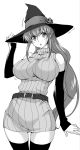  1girl :o absurdres bangs belt breasts cowboy_shot detached_sleeves eyebrows_visible_through_hair gluteal_fold greyscale halloween hand_on_headwear hand_up hat hat_ornament highres large_breasts long_hair looking_at_viewer monochrome parted_lips ribbed_sweater simple_background solo standing sweater sweater_vest thigh-highs white_background witch_hat yuuki_homura 