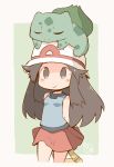  1girl :&gt; arms_behind_back bag bare_shoulders blue_(pokemon) blue_shirt blush_stickers brown_eyes brown_hair bulbasaur claws closed_eyes closed_mouth green_background hanomido hat holding_bag long_hair no_pupils on_head pokemon pokemon_(creature) pokemon_(game) pokemon_frlg red_skirt shirt skirt sleeping sleeveless sleeveless_shirt smile standing tareme two-tone_background white_hat 