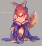  1girl all_fours animal_ears bare_shoulders blue_bow blue_legwear blush bow breasts cleavage closed_mouth detached_sleeves fate/extra fate/extra_ccc fate_(series) fox_ears fox_tail full_body hair_between_eyes hair_bow japanese_clothes large_breasts long_hair long_sleeves looking_at_viewer pink_hair smile solo tail tamamo_(fate)_(all) tamamo_no_mae_(fate) thigh-highs wide_sleeves ya99ru yellow_eyes 