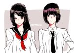  2girls artist_name black_hair character_request hair_ornament multiple_girls necktie sailor_collar school_uniform 