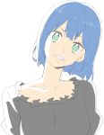  1girl absurdres bangs black_blouse blouse blue_hair blunt_bangs bob_cut collarbone copuchief donguri_suzume eyebrows_visible_through_hair green_eyes head_tilt highres looking_at_viewer short_hair simple_background smile solo upper_body white_background 