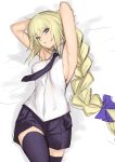  1girl armpits bangs bare_arms bare_shoulders blonde_hair blush braid breasts collared_vest eyebrows_visible_through_hair fate/apocrypha fate_(series) hair_between_eyes hair_ribbon highres long_hair looking_at_viewer lying medium_breasts necktie on_back parted_lips pleated_skirt purple_legwear purple_neckwear purple_skirt ribbon ruler_(fate/apocrypha) sideboob single_braid sketch skirt solo sweat tetsu_(kimuchi) thigh-highs tress_ribbon very_long_hair vest violet_eyes white_vest 