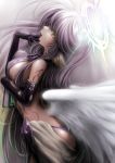  1girl angel_wings arm_tattoo black_gloves blonde_hair blush breasts dated elbow_gloves feathered_wings from_side gloves green_hair halo hand_to_own_mouth jibril_(no_game_no_life) large_breasts long_hair low_wings makanoka multicolored_hair no_game_no_life number open_mouth profile purple_hair solo tattoo twitter_username very_long_hair white_wings wings yellow_eyes 