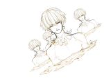  4boys absurdres bare_chest closed_eyes dutch_angle earrings highres jewelry male_focus monochrome multiple_boys necklace original pale_color partially_submerged riuichi 