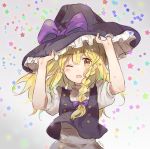  1girl :o bangs black_hat black_vest blonde_hair bow brown_hair commentary eyebrows_visible_through_hair hair_between_eyes hair_ribbon hands_on_headwear hands_up hat hat_bow kirisame_marisa long_hair looking_at_viewer mochii one_eye_closed open_mouth puffy_short_sleeves puffy_sleeves purple_bow ribbon short_sleeves signature solo star starry_background touhou tress_ribbon upper_body vest witch_hat 