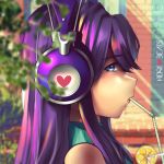  1girl bare_shoulders blurry blurry_background doki_doki_literature_club drinking drinking_straw eyebrows_visible_through_hair facing_to_the_side hannah_santos headphones highres lips long_hair looking_at_viewer looking_to_the_side purple_hair shoulderless sidelocks solo star star-shaped_pupils straw sweater symbol-shaped_pupils turtleneck turtleneck_sweater upper_body violet_eyes yuri_(doki_doki_literature_club) 