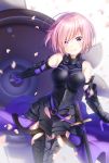  1girl armor armored_dress bangs bare_shoulders black_leotard blurry blush breasts cowboy_shot depth_of_field dress elbow_gloves eyebrows_visible_through_hair fate/grand_order fate_(series) gloves greaves hair_over_one_eye highres holding_shield ichiren_namiro lavender_hair leotard looking_at_viewer medium_breasts parted_lips petals purple_dress sheath sheathed shield shielder_(fate/grand_order) short_hair smile solo sword teeth vambraces violet_eyes weapon 