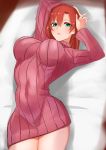  1girl arched_back arms_up bangs blush boudica_(fate/grand_order) breasts commentary_request covered_navel fate/grand_order fate_(series) green_eyes hips large_breasts looking_at_viewer lying on_back pink_sweater redhead ribbed_sweater short_hair smile solo sweater thighs turtleneck turtleneck_sweater waist webslinger 