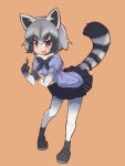  1girl :d animal_ears black_neckwear black_skirt bow bowtie brown_eyes common_raccoon_(kemono_friends) eyebrows_visible_through_hair full_body fur_collar grey_hair highres index_finger_raised kemono_friends leaning_forward looking_at_viewer medium_hair multicolored_hair open_mouth orange_background pleated_skirt raccoon_ears raccoon_tail simple_background skirt smile solo striped_tail tail teranekosu v-shaped_eyebrows 