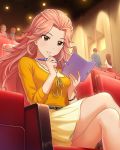  artist_request belt bracelet brown_eyes faceless faceless_female faceless_male hamakawa_ayuna idolmaster idolmaster_cinderella_girls jewelry legs_crossed long_hair necklace notebook official_art pen pink_hair skirt yellow_skirt 