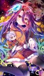  1girl :3 aqua_hair black_hair blue_hair chess_piece chessboard chocho_(homelessfox) doll green_hair hood hoodie l long_hair looking_at_viewer multicolored_hair no_game_no_life one_eye_closed orange_eyes purple_hair shiro_(no_game_no_life) solo tears thigh-highs very_long_hair 