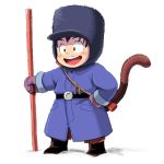  1boy :d belt black_eyes black_hair blush_stickers boots child coat dragon_ball gloves hand_on_hip happy hat looking_away male_focus nyoibo open_mouth shueisha simple_background smile snow son_gokuu standing tail toei_animation togatsuko white_background winter_clothes young 