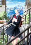  1girl :d bag bangs black_dress blue_eyes blue_hair blue_sky blurry blush building clouds cowboy_shot day depth_of_field dress eyebrows_visible_through_hair floating_hair from_side gem hairband hand_on_railing highres holding house kazuharu_kina long_hair long_sleeves looking_at_viewer looking_to_the_side neck_ribbon open_mouth original pink_neckwear pink_ribbon ribbon school_bag school_briefcase shiny shiny_hair simple_background sky sleeve_cuffs smile solo stairs standing tareme test town tree v-shaped_eyebrows white_hairband wind window 