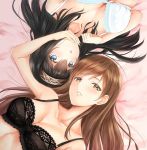  2girls arm_up bangs bare_shoulders black_bra black_hair blue_eyes blush bra breasts brown_eyes brown_hair cleavage collarbone commentary_request hair_between_eyes hairband hand_on_another&#039;s_chin idolmaster idolmaster_cinderella_girls irohakaede lace lace-trimmed_bra long_hair lying medium_breasts multiple_girls nitta_minami on_back on_bed open_mouth parted_lips sagisawa_fumika swept_bangs underwear white_bra 
