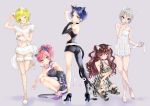  1girl 5girls :3 ;3 ;p ahoge animal_ears ankle_ribbon arm_tattoo ass bare_shoulders barefoot black_choker black_dress black_eyes black_gloves blonde_hair blue_eyes blue_hair blush boots bow breasts brown_hair cat_ears cat_tail choker cleavage collarbone commentary_request crescent crescent_earrings dress earrings elbow_gloves eyelashes fake_animal_ears fingerless_gloves fishnet_pantyhose fishnets from_side full_body fur fur_collar fur_trim gloves green_eyes grey_background grey_hair hair_bow halterneck hayami_kanade high_heels ichinose_shiki idolmaster idolmaster_cinderella_girls jewelry jougasaki_mika large_breasts lipps_(idolmaster) looking_at_viewer looking_back midriff miyabi_akino miyamoto_frederica multiple_girls nail_polish navel one_eye_closed open-back_dress panties pantyhose paw_pose pink_hair purple_footwear purple_nails ribbon see-through shiny shiny_clothes shiny_hair shiomi_shuuko short_dress short_hair simple_background single_elbow_glove smile solo squatting standing standing_on_one_leg tail tattoo thigh-highs thigh_boots tongue tongue_out tribal_tattoo two_side_up under_boob underwear white_dress white_panties white_ribbon yellow_eyes zettai_ryouiki 
