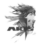  1girl arlen bangs eyebrows_visible_through_hair eyes_visible_through_hair from_side girls_frontline greyscale hair_between_eyes hair_ornament highres jacket long_hair looking_at_viewer monochrome open_mouth scarf shirt signature sketch solo st_ar-15_(girls_frontline) wind 