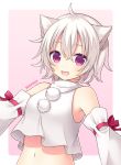 1girl ahoge animal_ears blush dated detached_sleeves dog_ears eyebrows_visible_through_hair highres inubashiri_momiji looking_at_viewer navel open_mouth short_hair smile solo touhou upper_body violet_eyes white_hair yamayu 