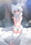  1girl absurdres animal_ears bangs barefoot breasts dancho_(dancyo) eyebrows_visible_through_hair fur fur_collar highres looking_at_viewer navel original short_hair sitting small_breasts snow solo tail thick_eyebrows v_arms white_hair wolf_ears wolf_tail yellow_eyes 