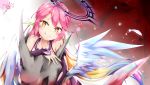  1girl 2017 :q bare_shoulders blue_hair blush closed_mouth collarbone dated eyebrows_visible_through_hair feathers hair_between_eyes heart ikasoke_(likerm6au) jibril_(no_game_no_life) looking_at_viewer low_wings multicolored_hair no_game_no_life number orange_eyes orange_hair pink_hair signature smile solo tongue tongue_out torn_sleeve white_feather white_wings wings 