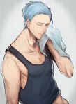  1boy adonis_belt bare_shoulders black_shirt blue_eyes blue_hair collarbone hair_slicked_back idolmaster idolmaster_side-m komesuke kuzunoha_amehiko looking_to_the_side male_focus one_eye_closed pectorals shirt sleeveless tank_top upper_body wiping_face 