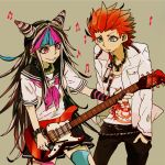  1boy 1girl bangs belt black_hair blue_eyes blue_hair blunt_bangs choker dangan_ronpa double_bun ear_piercing earrings facial_hair fingerless_gloves goatee guitar guitar_pick hands_in_pockets jacket kuwata_leon long_hair mioda_ibuki multicolored_hair musical_note nail_polish necklace piercing pink_eyes pink_hair purple_nails red_hair safety_pin school_uniform scrunchie serafuku short_hair simple_background single_glove smile spikes spiky_hair streaked_hair striped_gloves studded_belt super_dangan_ronpa_2 thighhighs torn_thighhighs white_hair wrist_scrunchie 