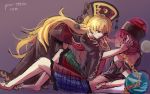  2girls all_fours asuku_(69-1-31) barefoot black_dress black_shirt blonde_hair breasts chains chinese_clothes dress earth_(ornament) gold_chain grin hair_grab hand_in_another&#039;s_hair hecatia_lapislazuli junko_(touhou) legs long_hair long_sleeves looking_at_another lying medium_breasts moon_(ornament) multicolored multicolored_clothes multicolored_skirt multiple_girls obi off-shoulder_shirt on_back pixiv_id plaid plaid_skirt polos_crown redhead sash shiny shiny_hair shirt short_hair short_sleeves simple_background sketch skirt smile tassel touhou very_long_hair waist 