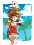  1girl bag black_hair braid clouds drink drinking_straw flower hand_on_headwear handbag hat hat_flower highres long_hair meka_(77111994) mizuki_(pokemon_ultra_sm) open_mouth orange_shirt palm_tree pokemon pokemon_(creature) pokemon_(game) pokemon_ultra_sm rowlet shirt shorts sky sun_hat tank_top tree twin_braids white_shorts 