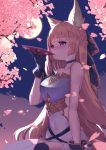  1girl absurdres animal_ears bangs bare_shoulders blonde_hair blunt_bangs braid breastplate breasts cherry_blossoms choker covered_navel cup drinking erun_(granblue_fantasy) eyebrows_visible_through_hair fingerless_gloves full_moon gloves granblue_fantasy highres long_hair medium_breasts moon night night_sky outdoors petals pink_eyes sakazuki sky solo thigh-highs tigersaber very_long_hair yuisis_(granblue_fantasy) 