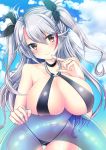  1girl azur_lane bikini black_neckwear black_ribbon blue_sky breasts choker closed_mouth clouds commentary_request day hair_ribbon highres huge_breasts long_hair looking_at_viewer navel niyasuke_(yama) orange_eyes prinz_eugen_(azur_lane) ribbon silver_hair sky smile solo swimsuit twintails 