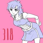  1girl armor bare_arms bare_shoulders black_eyes black_hair dragon_ball eyebrows_visible_through_hair fukuko_fuku gine hand_on_hip looking_at_viewer number pink_background short_hair simple_background skirt smile solo_focus tail wristband 