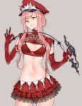  1girl bangs closed_mouth elbow_gloves eyebrows_visible_through_hair fate/grand_order fate_(series) frilled_skirt frills gloves hat long_hair looking_at_viewer medb_(fate/grand_order) midriff navel riding_crop simple_background sino42 skirt solo whip yellow_eyes 