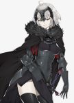  1girl ahoge armor cape fate/grand_order fate_(series) fur_trim gauntlets gloves highres jeanne_alter looking_at_viewer ruler_(fate/apocrypha) short_hair silver_hair sino42 solo thigh-highs yellow_eyes 