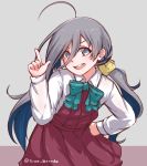  1girl :d bow bowtie commentary cowboy_shot disco_brando dress eyebrows_visible_through_hair green_neckwear grey_background grey_eyes grey_hair hair_between_eyes highres kantai_collection kiyoshimo_(kantai_collection) long_hair long_sleeves looking_at_viewer open_mouth red_dress scrunchie smile solo standing twitter_username v-shaped_eyebrows 