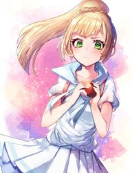  1girl blonde_hair green_eyes highres holding holding_poke_ball lgw7 lillie_(pokemon) long_hair poke_ball pokemon pokemon_(game) pokemon_sm ponytail shirt short_sleeves skirt solo white_shirt white_skirt 