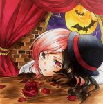  1girl bat bowler_hat brick_wall broken_window brown_eyes brown_hair flower gloves hat heterochromia highres moon multicolored_hair neo_(rwby) petals pink_eyes pink_hair rose rose_petals rwby solo white_hair 