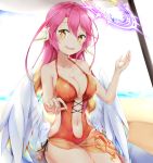 1girl beach beach_mat beach_umbrella blue_hair blush breasts collarbone eyebrows_visible_through_hair feathered_wings hair_between_eyes halo halterneck head_tilt ikasoke_(likerm6au) jibril_(no_game_no_life) long_hair looking_at_viewer lotion medium_breasts multicolored_hair navel no_game_no_life one-piece_swimsuit open_mouth orange_eyes orange_hair orange_swimsuit pink_hair sand sarong sitting smile solo sunscreen swimsuit umbrella very_long_hair water white_wings wings 
