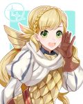  1girl 2900cm armor blonde_hair blush braid cape fire_emblem fire_emblem_heroes gloves green_eyes long_hair looking_at_viewer open_mouth sharena simple_background smile solo 