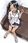  1girl 774_(nanashi) black_hair blush brown_eyes collarbone dark_skin ear_piercing from_above hair_ornament hairclip long_hair looking_at_viewer nagatoro one_eye_closed open_mouth original piercing shirt sitting sleeves_folded_up solo white_shirt 