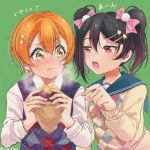  2girls argyle argyle_sweater argyle_sweater_vest bangs black_hair bow eating food hair_between_eyes hair_bow hair_ornament hairpin half-closed_eyes highres holding holding_food hoshizora_rin kino-maru_inu long_sleeves love_live! love_live!_school_idol_project multiple_girls open_mouth orange_hair pink_bow red_eyes sailor_collar short_hair star star_hair_ornament steam sweater sweater_vest sweet_potato twintails twitter_username upper_body wavy_mouth yazawa_nico yellow_eyes 