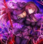  1girl bangs bodysuit breasts covered_navel cowboy_shot fate/grand_order fate_(series) gae_bolg holding holding_weapon large_breasts long_hair looking_at_viewer parted_lips pauldrons purple_bodysuit purple_hair red_eyes scathach_(fate/grand_order) soda_(sodachuxd) solo veil weapon 